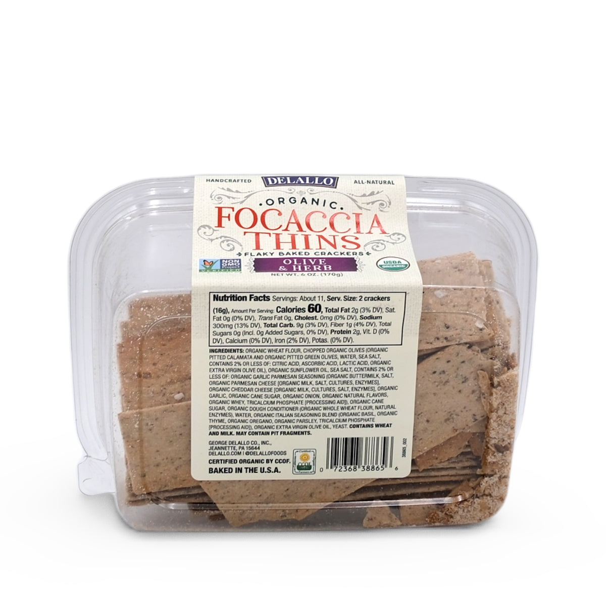 Delallo Organic Olive & Herb Focaccia Thins 170g/6oz