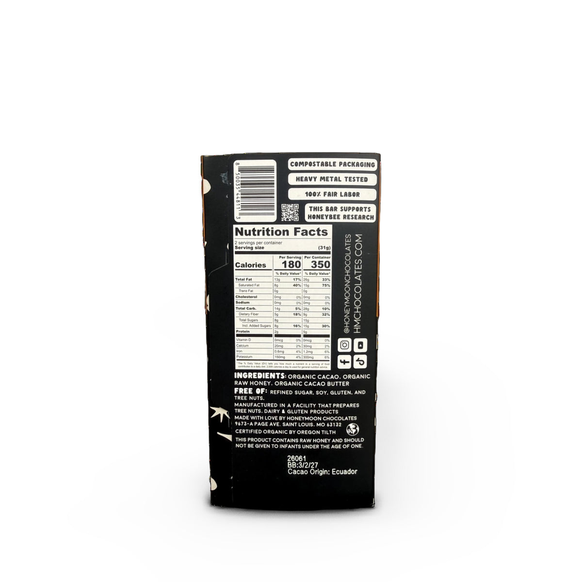 Honeymoon Chocolates 70% Dark Chocolate Honey Bar 2.2oz/62g