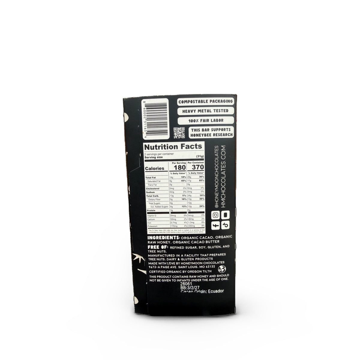 Honeymoon Chocolates 77% Dark Chocolate Honey Bar 2.2oz/62g